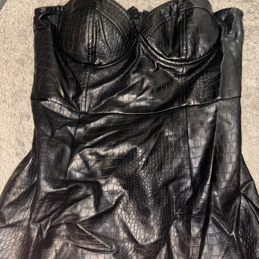 Black Faux Leather Croc-Embossed Bustier Dress